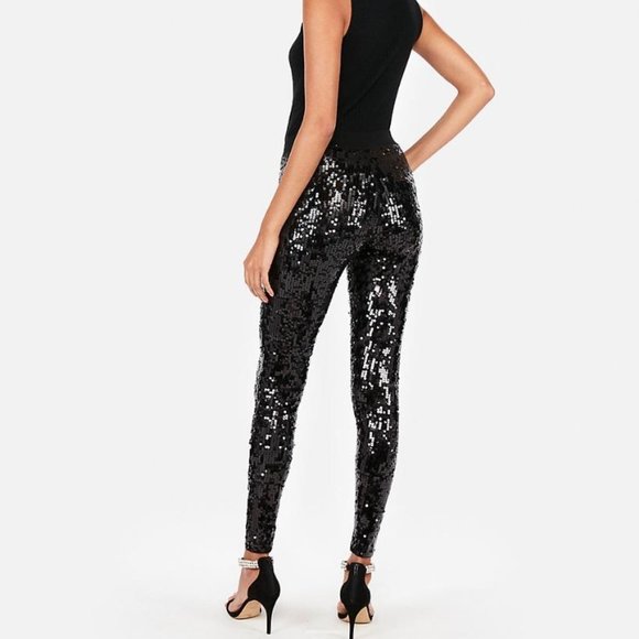 NWT $80 EXPRESS BLACK SEQUIN STRETCHY LEGGINGS PARTY HOLIDAY PANTS SMALL 🌟🌟🌟 - Picture 5 of 7